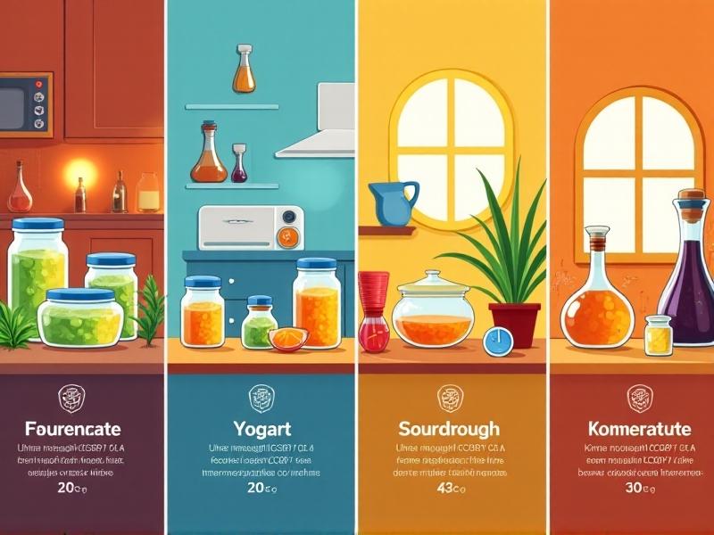 A split-view infographic showing four fermentation environments: glass jars of sauerkraut at 20°C, a yogurt maker at 42°C, a sourdough jar at 23°C, and a kombucha SCOBY in a warm kitchen. Each section uses vibrant colors and icon-style illustrations to differentiate temperature zones, with labels and thermometers for clarity.