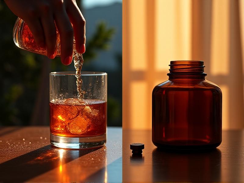 A split-screen image contrasts travel supplement capsules in a amber glass jar and a hand pouring powder into a drink. Soft focus on a suitcase in the background unifies the concept, with muted tones and clinical precision balanced by natural textures.