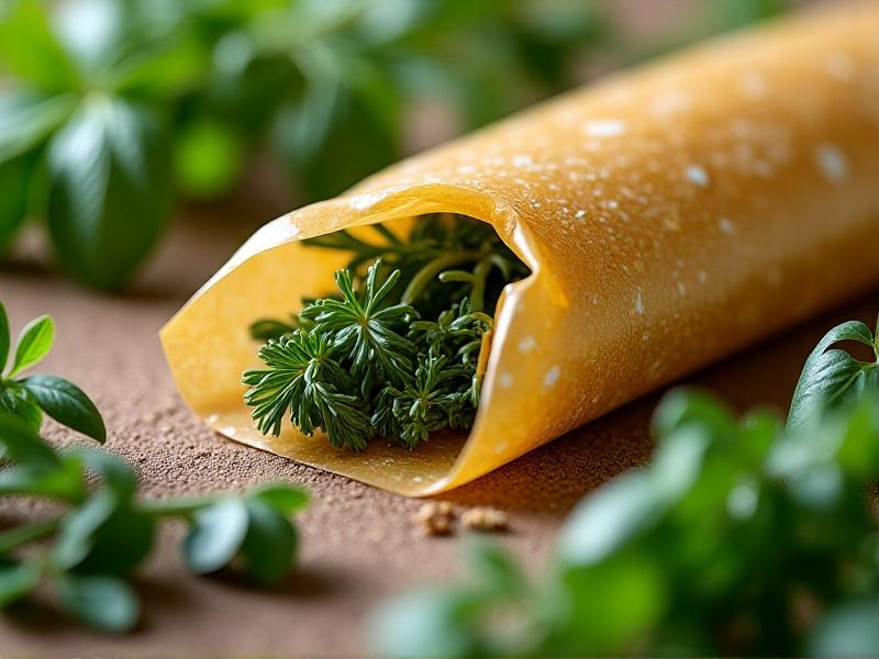 Close-up photograph of sustainable meal kit materials: Compostable cellulose film wrapping organic herbs, recycled PET sauce pouches, and mushroom-based insulation foam. Earthy tones dominate, with natural textures and soft daylight casting subtle shadows. Style: Macro photography with shallow depth of field, highlighting material details.