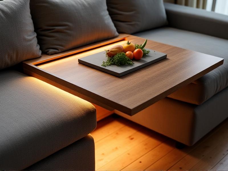 A compact studio apartment showing a walnut-veneered retractable table extended over a plush gray sofa. The surface holds a cutting board and fresh vegetables, with hidden LED strip lighting casting a warm glow. Folded hinges and slim metal hardware emphasize space-saving engineering.