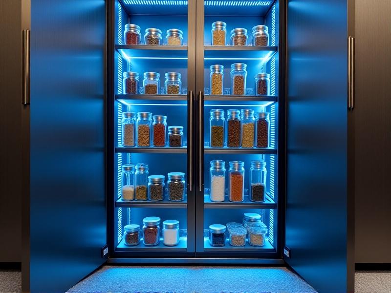 A modern pantry with a built-in wine cooler repurposed for spice storage, showcasing vacuum-sealed bags and glass jars inside. Cool blue LED lighting reflects off stainless steel surfaces, evoking a scientific yet accessible approach to preservation.