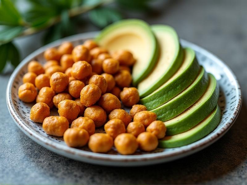 A divided ceramic plate showcasing a balanced snack: roasted chickpeas (protein), avocado slices (healthy fats), and quinoa crackers (carbs), garnished with fresh herbs, photographed with soft focus for a modern health magazine aesthetic.