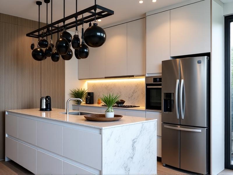A small modern kitchen with a black ceiling-mounted pot rack positioned above a marble-topped island, surrounded by stainless steel appliances and minimalist white cabinetry, illustrating efficient use of space.