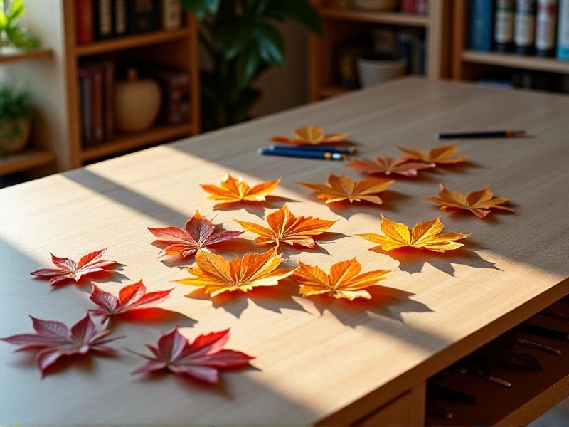 A convertible meal prep table extended into a living room, functioning as a crafting station with watercolor paints, brushes, and scattered autumn leaves. The maple surface has drop-down trays for supplies, while the background shows it partially retracted into a bookshelf unit.
