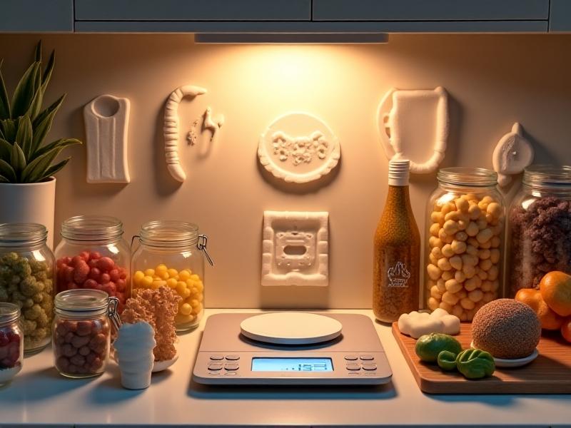 A neatly organized workspace with silicone molds, reusable silicone bags, a digital kitchen scale, and glass jars filled with assorted snacks, lit by bright task lighting to emphasize practicality and organization for home chefs.