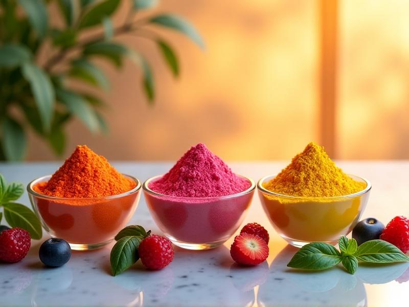 Three small glass bowls filled with colorful electrolyte powders (orange, pink, yellow) labeled 'Athlete,' 'Keto,' and 'Kids,' alongside fresh fruit and herbs on a marble countertop with soft bokeh lighting.