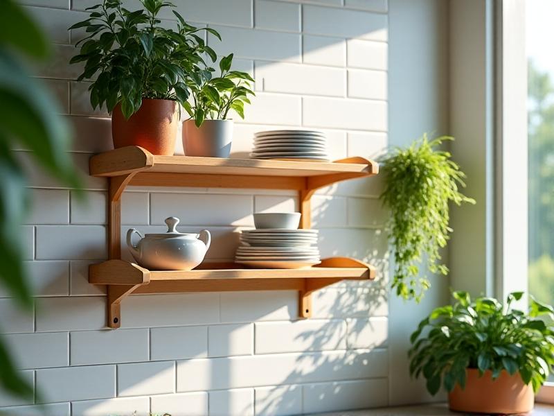 Wall-mounted foldable dish rack with bamboo shelves, attached to a glossy subway tile backsplash, folded flat against the wall to save space in a cozy studio apartment with hanging plants.