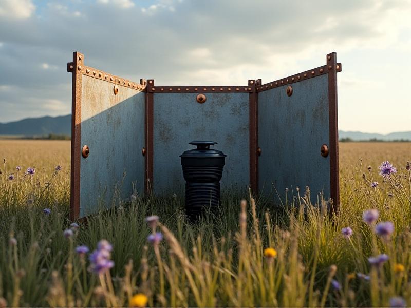 A handmade windbreak constructed from repurposed sheet metal and drilled ventilation holes, surrounding a black camping stove in a grassy field. Copper rivets secure the panels, and wildflowers frame the scene under a partly cloudy sky.