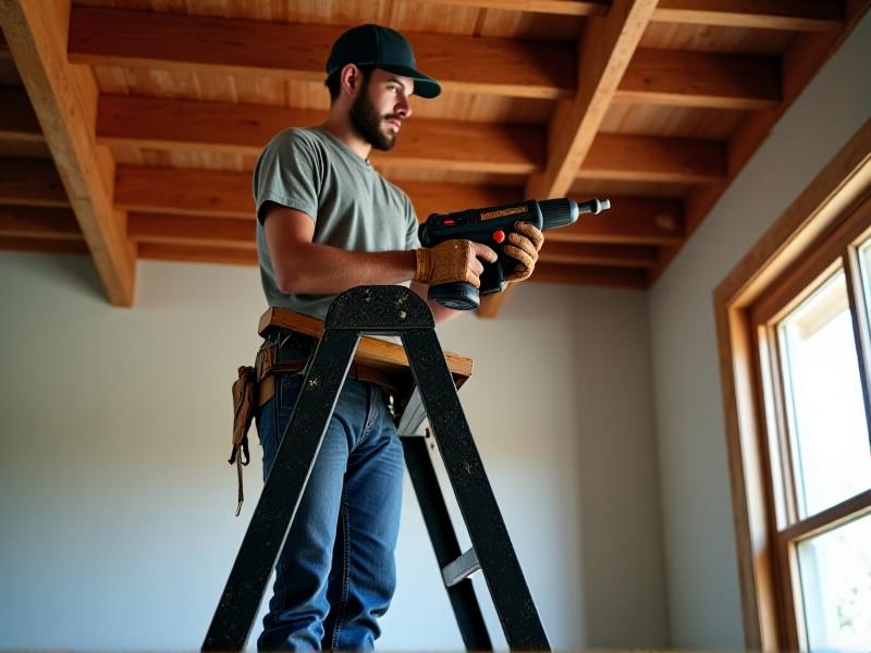 A person wearing gloves using a cordless drill to install a metal pot rack bracket into a wooden ceiling joist, with tools scattered on a ladder, showcasing a DIY home improvement project in progress.