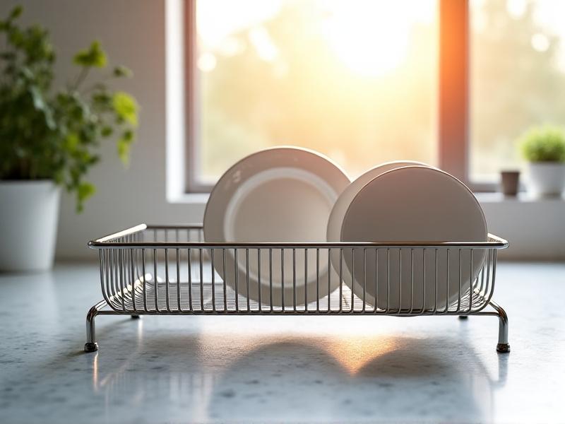 Close-up of a stainless steel dish rack with silicone-coated wires, showcasing gleaming silver metal against a minimalist white kitchen backdrop, morning light highlighting textured countertops.