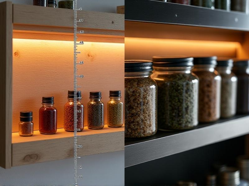 A split-image comparison of two spice racks: one made of light-colored pine wood with minimalist metal hooks and another constructed from brushed steel with reinforced joints. The wooden rack holds small plastic bottles, while the steel version supports ceramic jars. Soft ambient lighting highlights grain textures and metallic finishes, with a ruler overlay indicating bracket thickness differences.