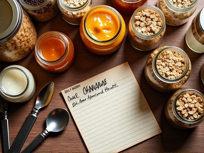 Overhead view of a kitchen counter featuring jars of almond butter, honey, rolled oats, chia seeds, coconut flakes, and dark chocolate bars, with a handwritten recipe card and measuring spoons, styled in warm, inviting tones for a culinary blog.