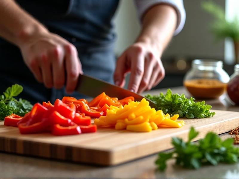 Close-up of chef’s hands chopping rainbow bell peppers on a bamboo cutting board. Glass containers in the background hold pre-cut onions, garlic, and herbs. Morning light streams through a kitchen window, illuminating specks of spices like cumin and coriander scattered nearby. The scene embodies organization and readiness.
