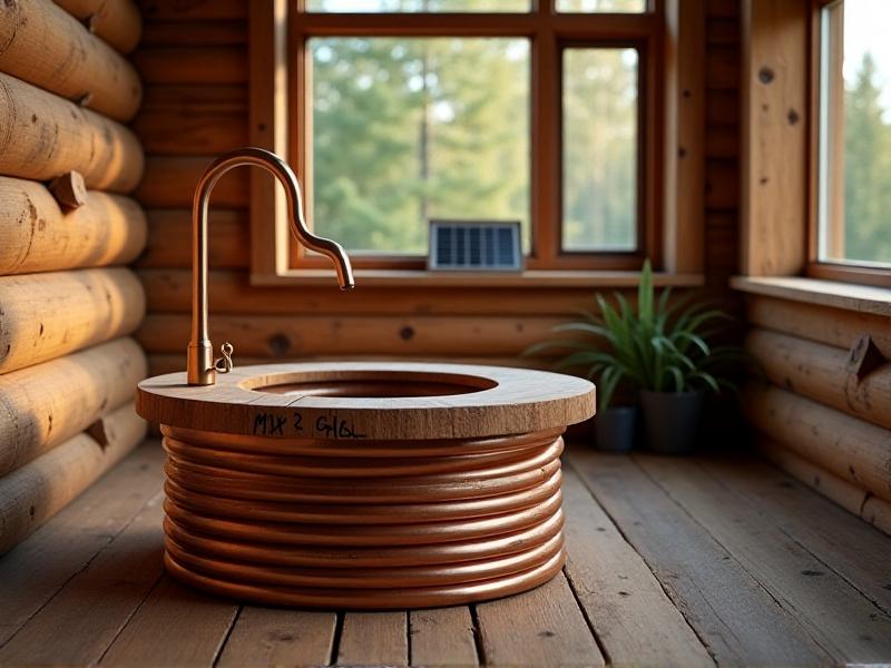 A modified collapsible sink with copper tubing coiled around its base, connected to a solar panel on a rustic cabin wall. A chalk-painted marker shows ‘MAX 2 GAL’ inside the basin, embodying rustic innovation and sustainability.