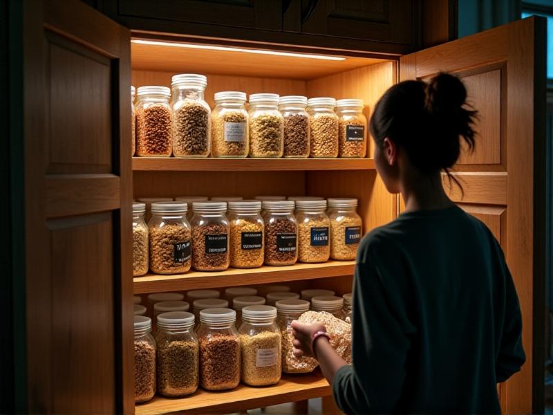 A dark, cool pantry with labeled mason jars of dried kidney beans, airtight containers of quinoa, and vacuum-sealed dehydrated tofu. A hygrometer and temperature gauge sit in the corner, symbolizing ideal storage conditions (60°F, 15% humidity). Soft focus highlights organization and preservation techniques.