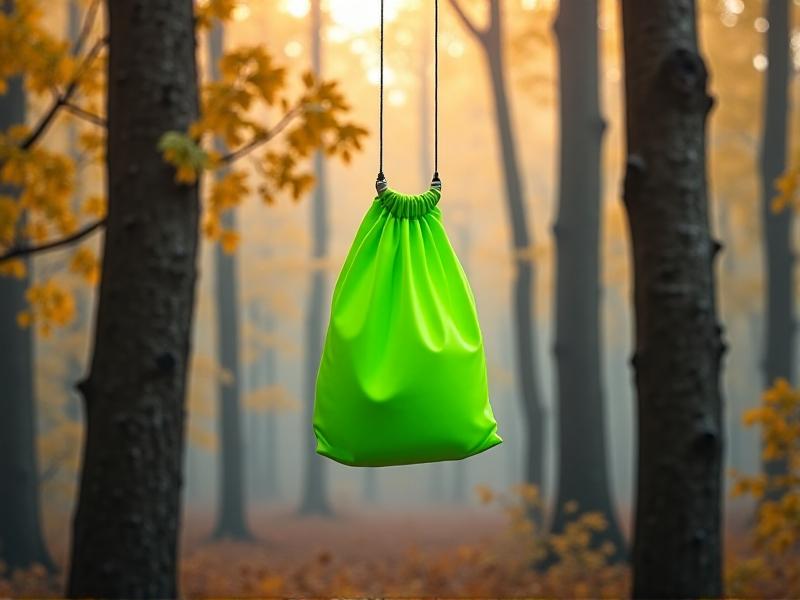 A neon-green nylon food bag hangs 15 feet above ground in an aspen grove, suspended by a parachute cord threaded through a PVC pipe pulley. Morning mist softens the background, with autumn yellow leaves contrasting against the vibrant gear.