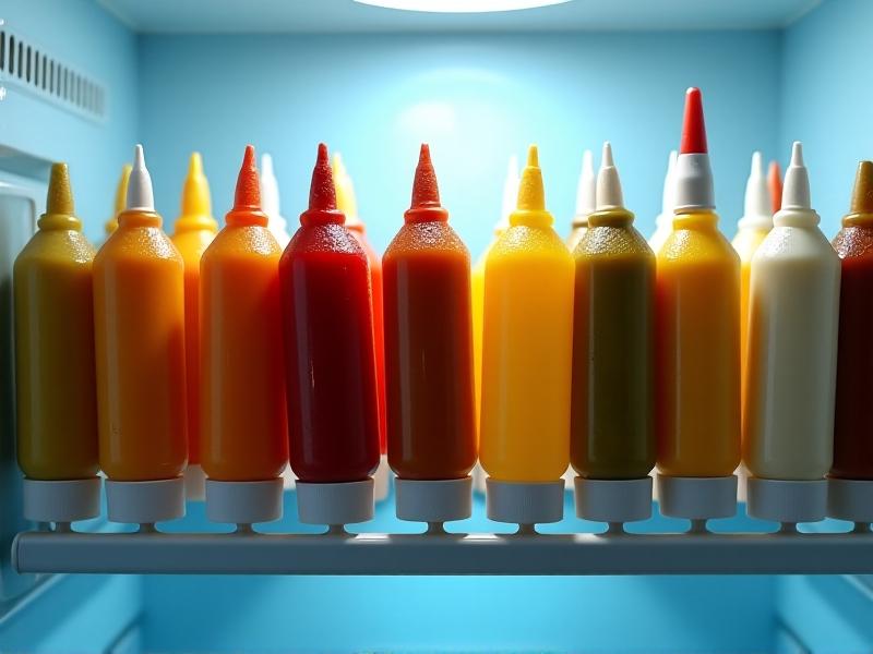 A refrigerator shelf organized with upright condiment squeeze tubes in various colors, including mustard yellow and mayonnaise white. A digital thermometer displays 38°F, while soft cool-toned lighting emphasizes proper food storage. Condensation forms on the tube exteriors, suggesting freshness.