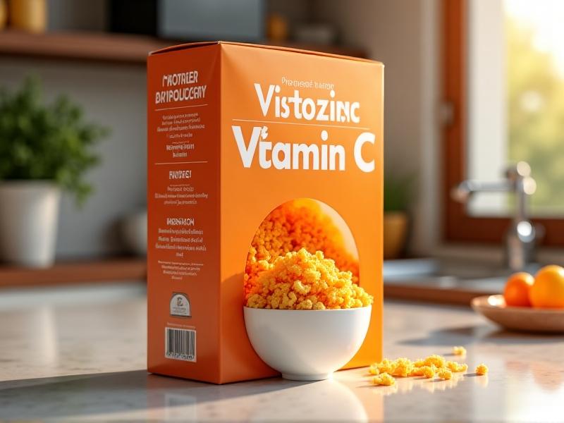 A sealed cereal box with a transparent window showcasing Vitamin C-fortified flakes. The packaging features a 'Protected by Nitrogen Flushing' label and a desiccant pouch visible inside. Background: modern kitchen with soft natural light. Style: product photography with vibrant colors. Keywords: fortified food, packaging innovation, shelf-stable nutrients.