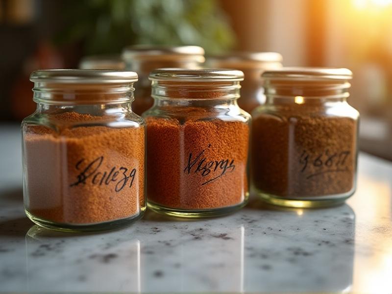 Close-up of assorted airtight spice containers, including amber glass jars and stainless steel tins, neatly aligned on a marble countertop. Labels feature handwritten dates, with golden afternoon light casting subtle shadows, emphasizing functionality and preservation.