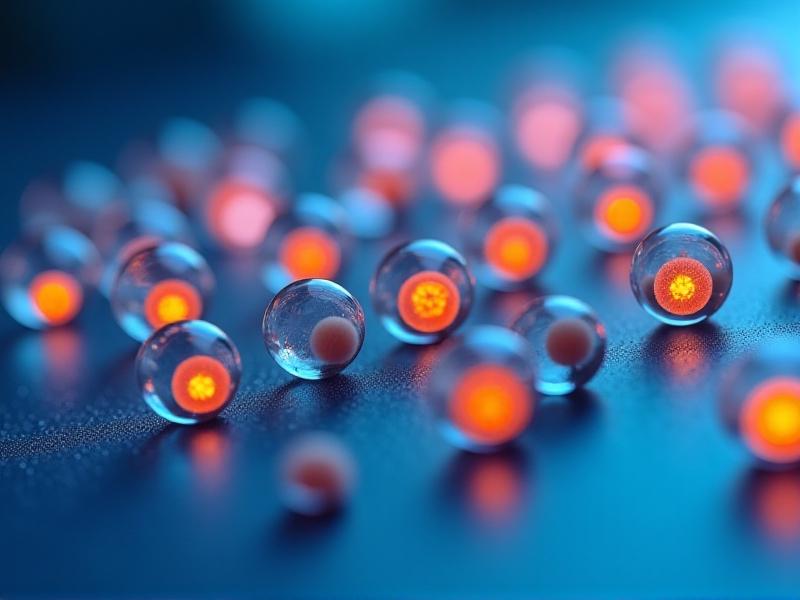 A microscopic view of encapsulated Vitamin C particles, showing spherical capsules in varying sizes under cool blue lighting. The capsules have a translucent outer layer protecting a bright orange core. Style: macro photography with high contrast. Keywords: encapsulation, Vitamin C stability, microspheres, preservation technology.