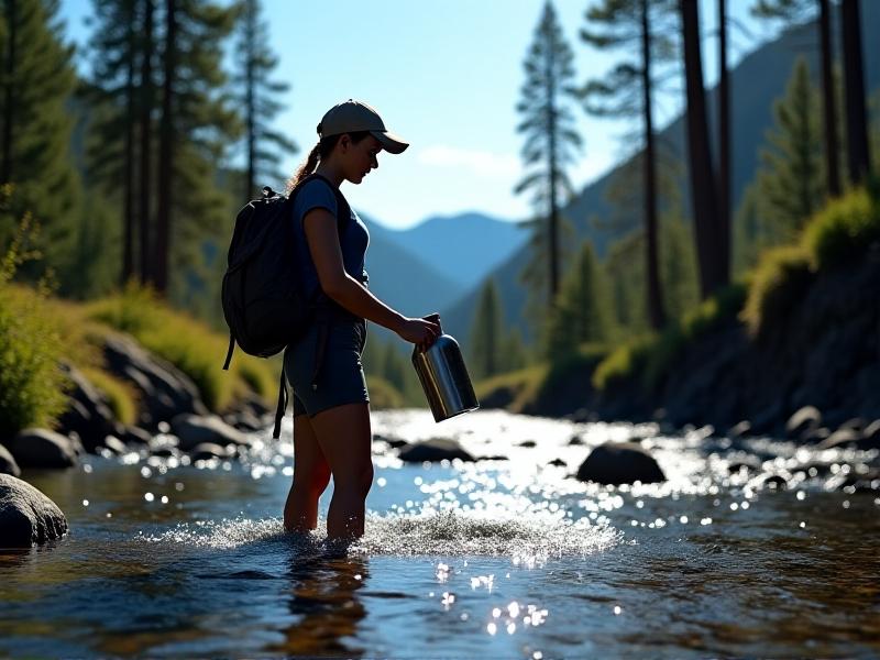 A hiker’s hand holding a metal water bottle being refilled from a clear mountain stream, with droplets sparkling in sunlight. Pine trees and rocky terrain fill the background, evoking freshness and natural purity. The image style is sharp and dynamic, with cool blue tones contrasting against warm natural greens and browns.