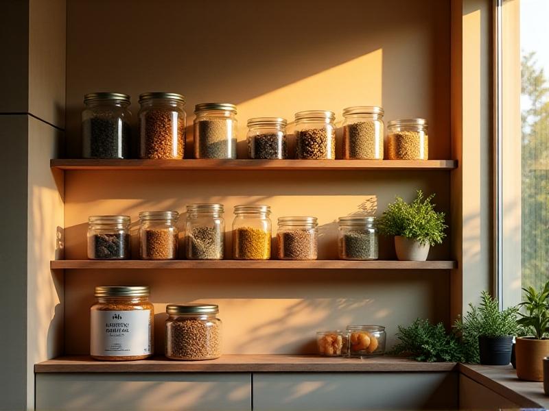 A narrow kitchen alcove transformed into a superfood storage zone with wall-mounted stainless steel racks holding clear cylindrical containers of activated charcoal, hemp seeds, and bee pollen. Sunlight streams through a nearby window, illuminating the labels and creating a warm, inviting atmosphere.