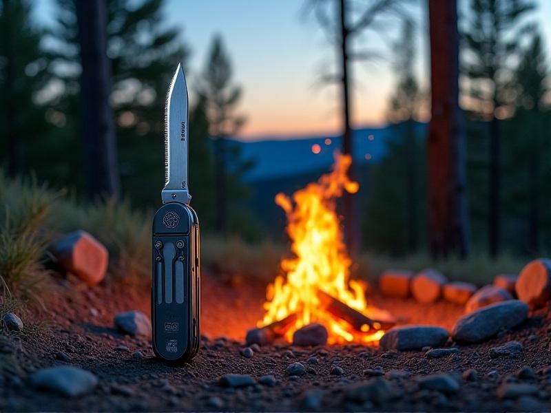 A brushed stainless steel camping utensil with multiple foldable tools, including a serrated knife, fork, and bottle opener, displayed against a rugged outdoor backdrop with a campfire and pine trees