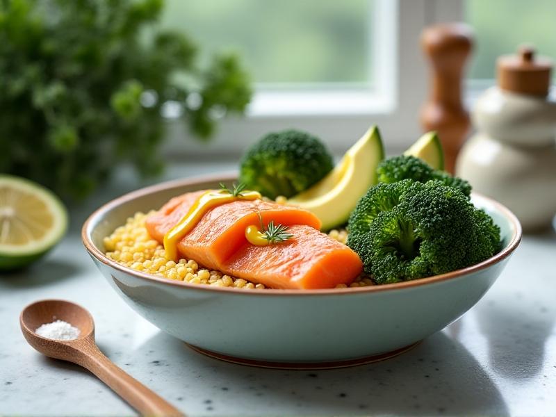 A colorful ceramic bowl filled with grilled salmon, quinoa, steamed broccoli, and avocado slices, drizzled with lemon-tahini sauce. Soft natural lighting accentuates the meal’s vibrant greens, pinks, and yellows, while a wooden spoon rests invitingly against the rim. The background features minimalist kitchen decor, emphasizing freshness and health.