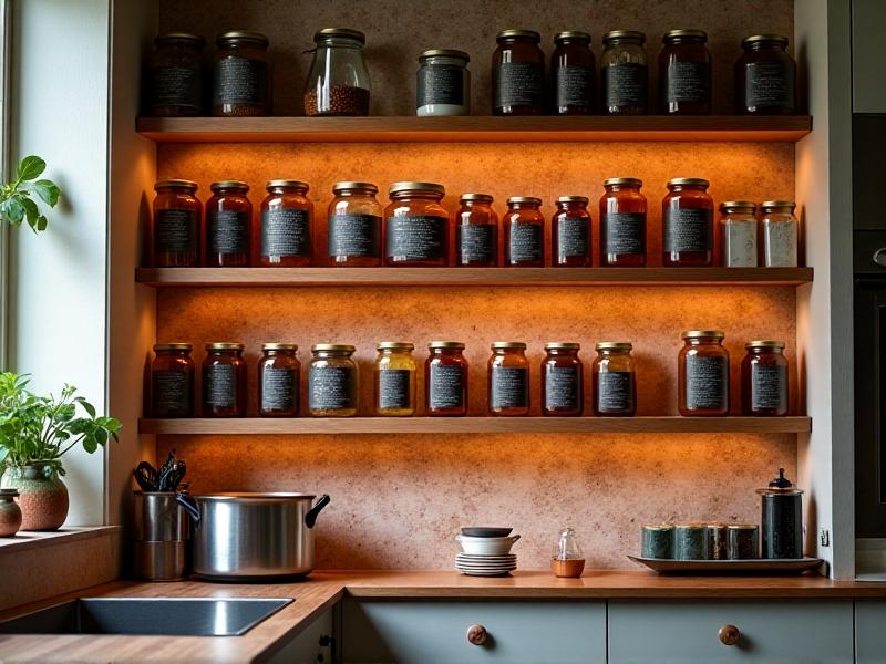 An eclectic kitchen with exposed brick walls and wooden shelves, showcasing assorted magnetic jars in various shapes and sizes. Some jars are amber glass with chalkboard labels, others are clear with gold lids, arranged artistically on a retro-style magnetic board. Warm ambient lighting creates a cozy, vintage atmosphere.