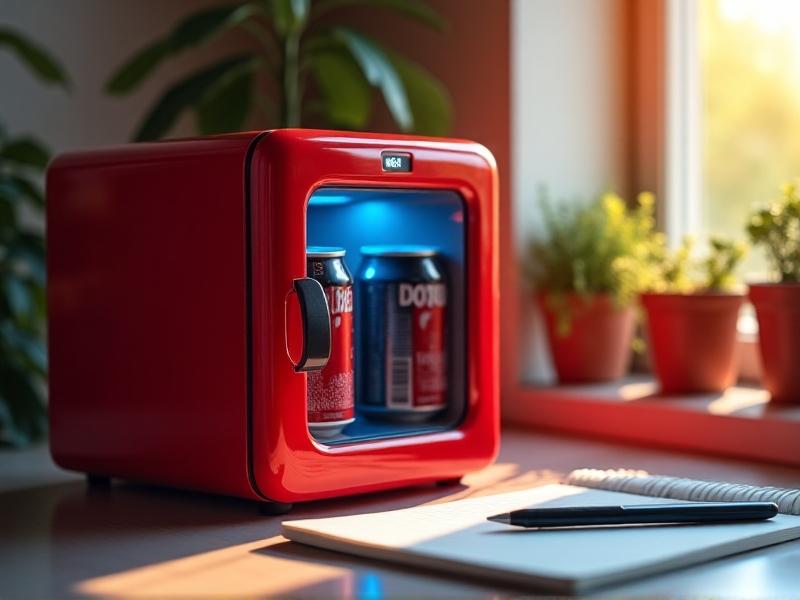A digital thermometer displays 48°F inside a red USB mini fridge placed on a kitchen countertop. The fridge door is slightly ajar, revealing two soda cans. Sunlight streams through a window, casting a warm glow that contrasts with the cool blue tones of the appliance's interior. A notebook and pen lie nearby, documenting test results.