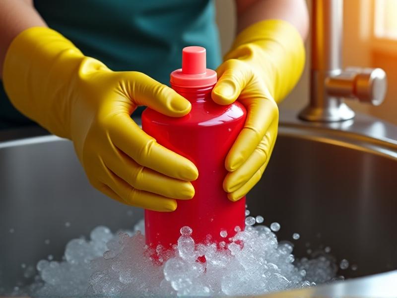 A pair of hands wearing yellow rubber gloves washing a red plastic squeeze tube under running water. Soap bubbles cascade over the tube, with a dishbrush and bottle cleaner tools visible on a stainless steel sink. Warm, natural lighting highlights the texture of water droplets and soap foam.