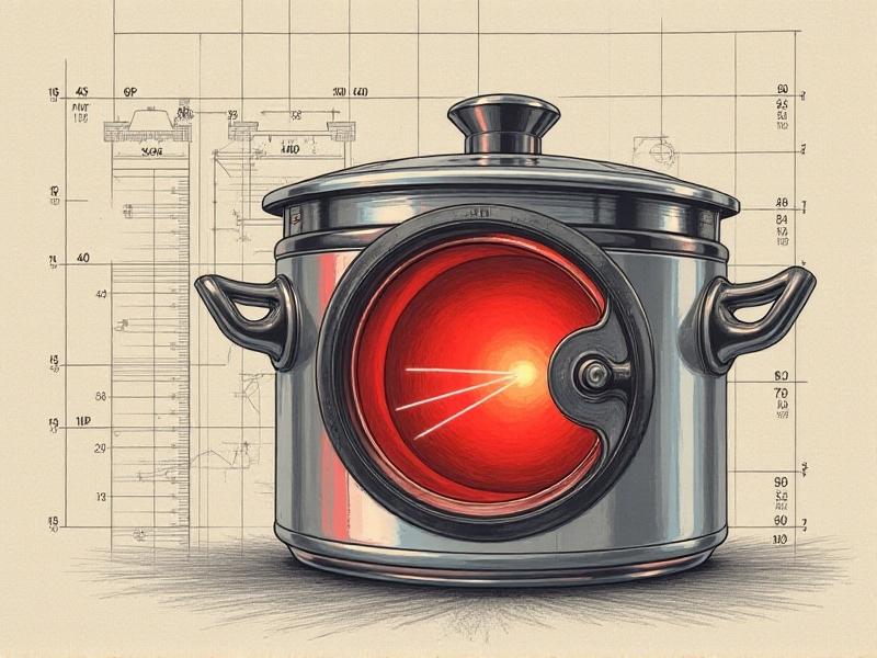 Cross-section diagram of a pressure cooker's safety mechanisms: red pressure release valve, silicone sealing ring, and metal locking clamps. An arrow illustration shows steam escaping through the valve against a technical blueprint background with measurement markers.