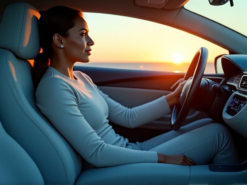 A person relaxing in a car seat with a refreshed expression, hands resting comfortably on the wheel. Blue hues emanate from the seat perforations, symbolizing coolness, while sunlight streams through the window onto dust particles, creating a serene atmosphere.