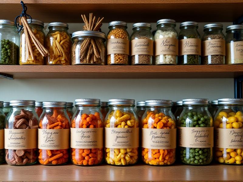 A well-organized pantry with glass jars labeled 'Freeze-Dried Veggies' and 'Air-Dried Herbs.' The freeze-dried jars are sealed with oxygen absorbers, while dried herbs hang in bunches. Warm ambient lighting creates a rustic, functional kitchen atmosphere.