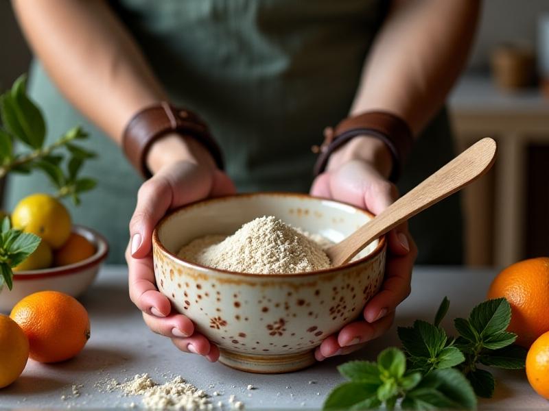 Close-up of hands mixing homemade electrolyte powder in a ceramic bowl with a wooden spoon, surrounded by measuring spoons, fresh citrus fruits, and herbs, with soft focus and muted earthy tones.