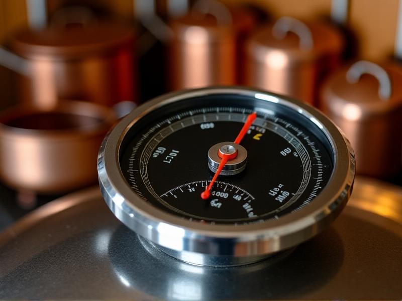Close-up of a pressure cooker's circular metal gauge with bold red indicators pointing to 'High' and 'Low' settings. The gleaming dial reflects soft kitchen lighting, with a blurred background of hanging copper cookware in a modern mountain cabin kitchen.