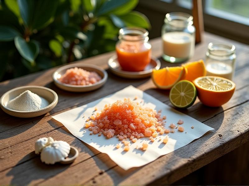 A neatly arranged collection of DIY electrolyte ingredients on a rustic wooden table: pink Himalayan salt, potassium chloride crystals, magnesium powder, citrus slices, and glass jars with labels, bathed in warm natural sunlight.