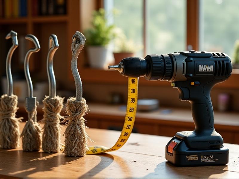 A detailed arrangement of installation tools on a wooden workbench: metal hooks, woven jute nets, a measuring tape, and a cordless drill. Soft natural light accentuates the tools' textures, conveying a DIY-friendly, hands-on approach to creating hanging storage.