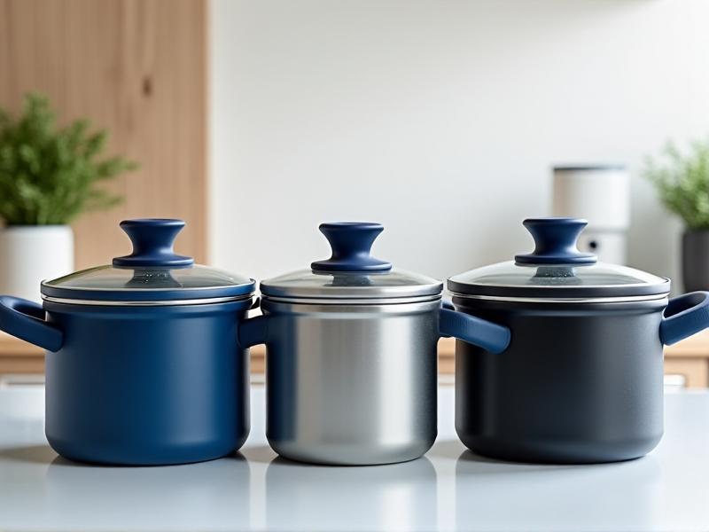 A side-by-side display of three foldable cookware sets in different colors (blue, silver, and black) on a kitchen counter, highlighting variations in handles, lid designs, and folding mechanisms under bright studio lighting.