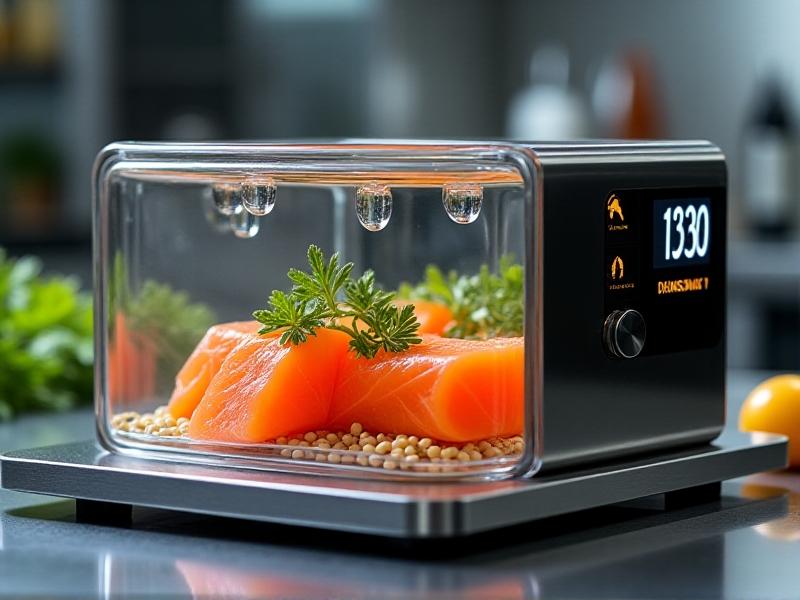 A sous-vide machine attached to a glass container holding vacuum-sealed salmon fillets and herbs, submerged in water at a precise 130°F. Sleek stainless steel appliances and digital interfaces contrast with organic ingredients, showcasing technology's role in optimizing nutrient retention for high-altitude gourmet meals.