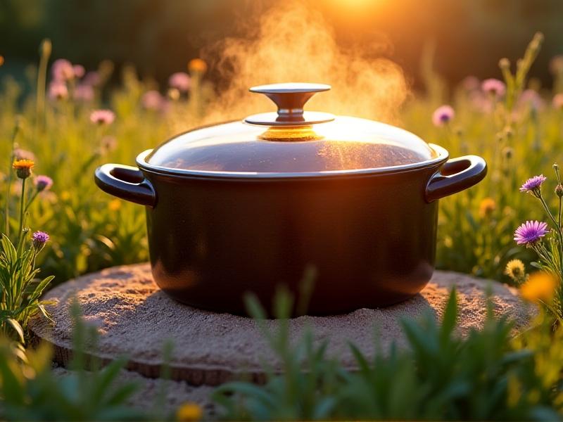 Close-up of a thermometer inside a solar oven showing 300°F, with a cast-iron Dutch oven beside it. Sunlight filters through the oven’s glass lid, creating warm highlights. Surrounding grass and wildflowers suggest a summer environment. Keywords: solar oven temperature, cast iron cookware, heat retention.