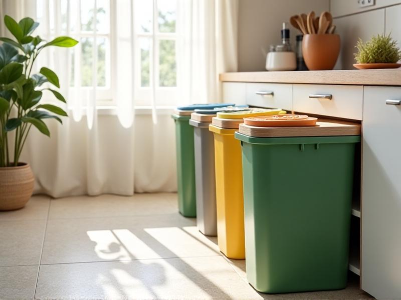 An eco-conscious kitchen corner with a slide-out unit containing three labeled bins: green for compost with a bamboo lid, yellow for plastic recycling, and gray for landfill. A small countertop compost caddy sits nearby, filled with vegetable peels. Sunlight filters through sheer curtains onto terrazzo flooring, creating an airy, sustainable atmosphere.