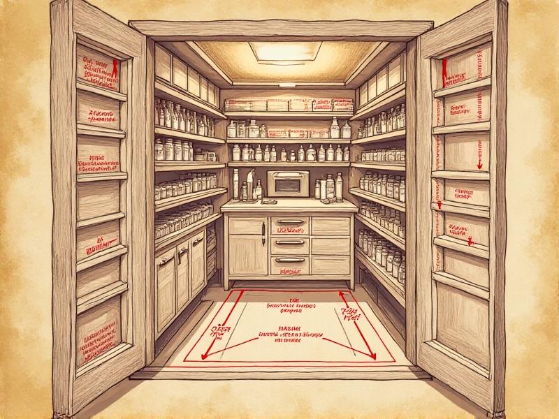 A hand-drawn sketch of a pantry blueprint with measurements annotated in red ink. The drawing includes notes about shelf spacing, door swing clearance, and zones for snacks, baking supplies, and small appliances, rendered in a rustic, planner-style aesthetic.