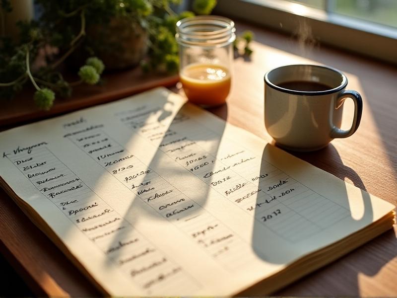 A handwritten spreadsheet taped to a kitchen wall, detailing meal plans and expiration dates. A cup of coffee and glasses sit nearby, with morning sunlight casting soft shadows on the paper.
