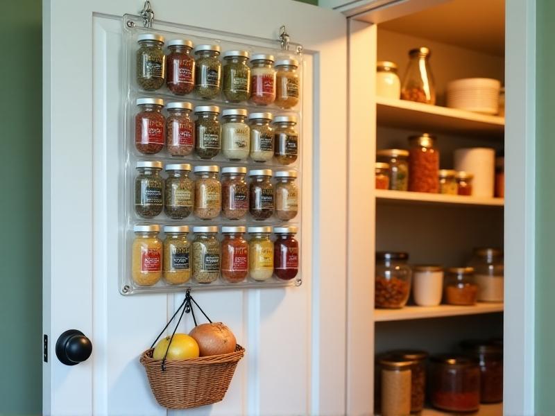 A white pantry door outfitted with a translucent plastic over-the-door organizer containing colorful spice jars, tea bags, and snack packets. A small wicker basket hangs below via metal hooks, storing garlic bulbs and onions, set against a muted green wall.