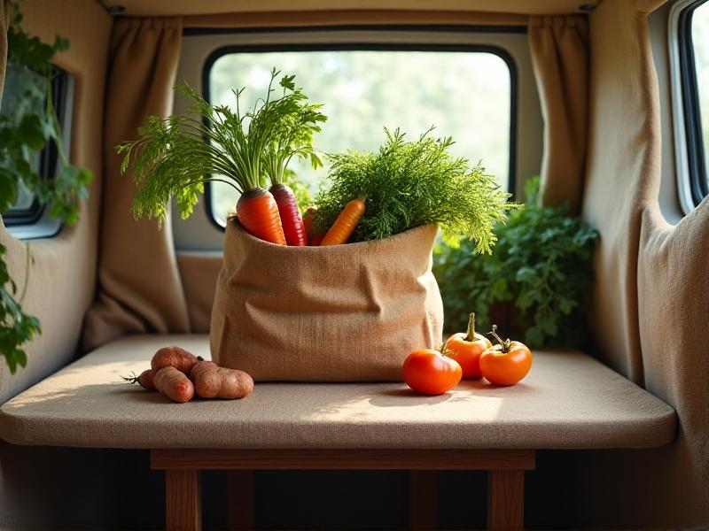 A handmade foam-insulated cooler placed on a van’s foldable table, filled with root vegetables and wrapped in damp burlap. A small USB-powered fan blows air across the setup, while sunlight beams through a skylight above, creating a natural cooling experiment.