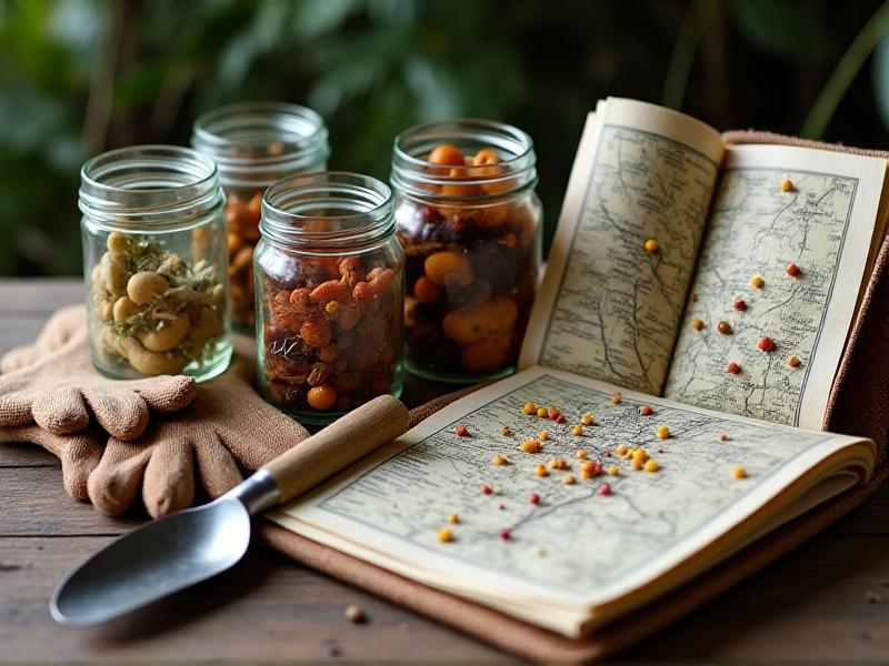 A detailed still life of a foraging toolkit: labeled glass jars, nitrile gloves, a stainless steel trowel, a woven linen map pouch, and a pocket field guide open to a page illustrating edible mushrooms. The composition is set on a rustic wooden table with soft natural light emphasizing textures and practicality.