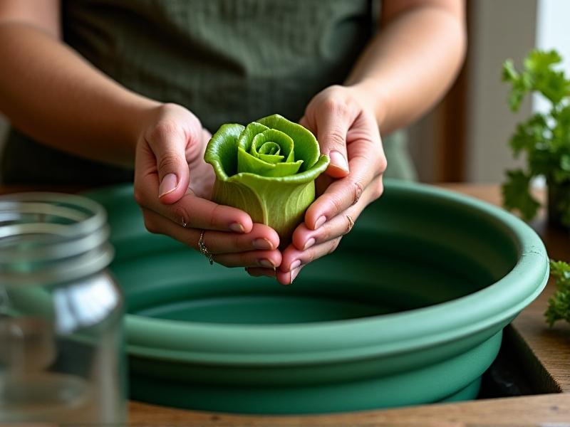 A person’s hands rinsing organic lettuce in a collapsible green sink, with a glass jar capturing runoff water. Earthy tones and soft overhead lighting highlight a zero-waste kitchen aesthetic, promoting reuse and mindful consumption.