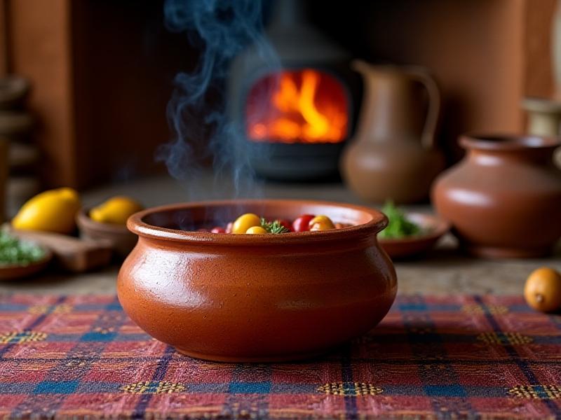 A clay pot filled with hearty potato and quinoa stew, resting on a woven textile in a rural Andean kitchen. Smoke from a nearby hearth blends with earthy tones of terracotta and ochre, reflecting centuries-old methods of nutrient-dense, high-altitude cooking passed down through generations.