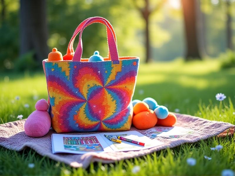A brightly patterned insulated grocery bag open on a picnic blanket, revealing crayons, coloring books, and plush toys. A child’s hands reach into the bag against a backdrop of grassy parkland with swing sets in soft focus. The bag’s silver thermal lining contrasts with the vibrant exterior.